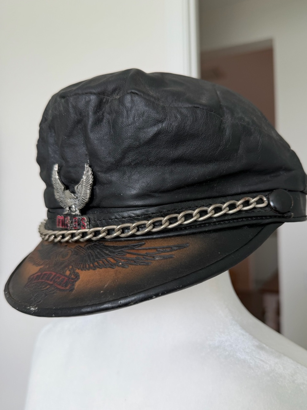 Vintage 90s Leather Biker Captain Hat USA Eagle Chain Moto Rocker Y2K Americana - Picture 4 of 16